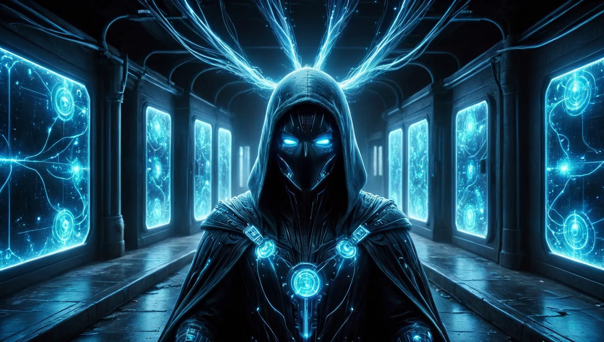 Role-playing game (RPG) style fantasy (((Ultra-detailed, Hyper-realistic, 8k, highres, masterpiece))),(full length highly detailed intricate ) (extremely tattered cloak),((highly detailed intricate tech body,vibrant colours,, Intricate exposed wiring, exposed wires,exposed circuitry,electric glow)),((highly detailed cyber-skeletal head,signs of decay,exposed wiring, exposed wires,exposed circuitry,electric glowing eyes)),(((random pose)))((facing (random direction))),in a highly detailed Labratory background with Test tubes,holographic screens,covered in pulsing electricity,cyber setting,cinematic,realistic,science fiction,dark colours,background light,<lora:add-detail-xl:1>,<lora:cyberpunk:0.8>,tooimage,cyberpunk,futuristic city,<lora:Biol:0.8>,ais-blmn,<lora:cultivation_tank_lora01:0.8>, cultivation tank,underwater, . Detailed, vibrant, immersive, reminiscent of high fantasy RPG games