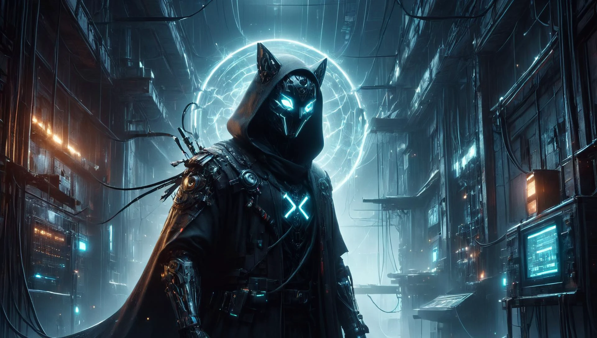 Dystopian style (((Ultra-detailed, Hyper-realistic, 8k, highres, masterpiece))),(full length highly detailed intricate ) (extremely tattered cloak),((highly detailed intricate tech body,vibrant colours,, Intricate exposed wiring, exposed wires,exposed circuitry,electric glow)),((highly detailed cyber-skeletal head,signs of decay,exposed wiring, exposed wires,exposed circuitry,electric glowing eyes)),(((random pose)))((facing (random direction))),in a highly detailed Labratory background with Test tubes,holographic screens,covered in pulsing electricity,cyber setting,cinematic,realistic,science fiction,dark colours,background light,<lora:add-detail-xl:1>,<lora:X:0.8>,<lora:cyberpunk:0.8>,tooimage,cyberpunk,futuristic city,<lora:CyberPunkAI:1>,<lora:cultivation_tank_lora01:0.8>, cultivation tank,underwater, . Bleak, post-apocalyptic, somber, dramatic, highly detailed