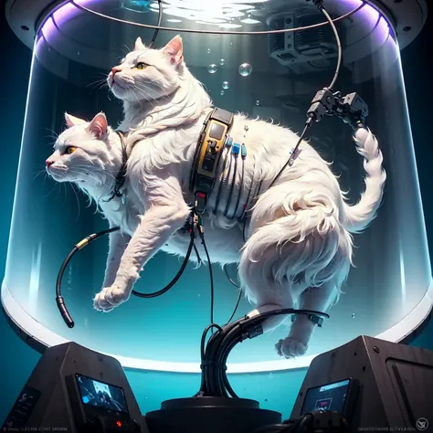 (raw photo, ultra realistic, Best quality, masterpiece, 8k uhd, HDR, extreme detailed, intricate details, professional, vivid colors),
((a giant-sized white fat cat in cultivation tank, lying, no humans, smooth fur:1.3)),
character focus, science fiction,
bubble, air bubble, submerged, anklet, convenient censoring, freediving, machine made joints,
((mechanical vertebra attaching to back,
mechanical cervial attaching to neck,
wires and cables attaching to neck,
wires and cables on head)),
from side, (cinematic lighting, ray tracing, vray tracing),
<lora:cultivation_tank_lora01:0.8>