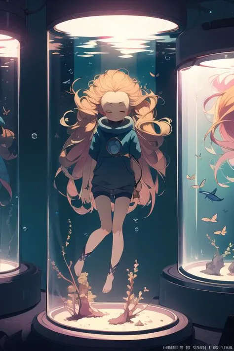 masterpiece, best quality, illustration,
,bug, butterfly, cloud, flying, night, night_sky, sky, solo, space, star_\(sky\), starry_sky, machinery, aquarium,
 1girl,,cultivation tank, underwater,round glass,full  body, closed eyes,
 (disheveled hair),[orange hair:purple buttom hair:0.8],forehead,zoe,long hair,