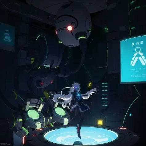 <lora:EggmanTech-20:0.8>,eggmantech, ,robot ,scholar , scroll, 1girl,long hair, blue skin,white hair, glowing eyes, yellow eyes, <lora:cultivation_tank_lora01:0.7> cultivation tank, underwater,
