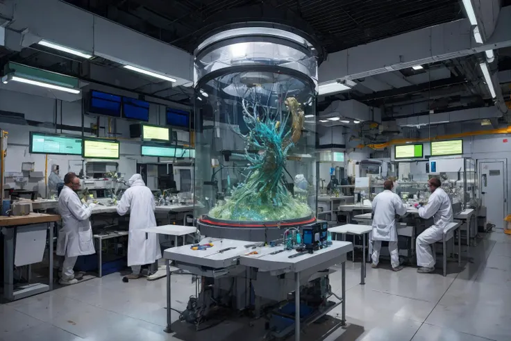 (masterpiece, best quality, highres, ultra detailed, extremely clear, 16k:1.2), realistic, best shadow BREAK
biosynthetic life form, mutant animal monster, scientifical experiments, <lora:cultivation_tank_lora01:1>, biolaboratory, laboratory tables, high security, (depth of field, bokeh:0.8), wide shot. crowd of scientists in white coats at background