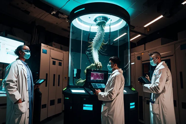 (masterpiece, best quality, highres, ultra detailed, extremely clear, 16k:1.2), realistic, best shadow BREAK
biosynthetic life form, mutant animal monster, scientifical experiments, <lora:cultivation_tank_lora01:1>, biolaboratory, laboratory tables, high security, (depth of field, bokeh:0.8), wide shot. crowd of scientists in white coats at background