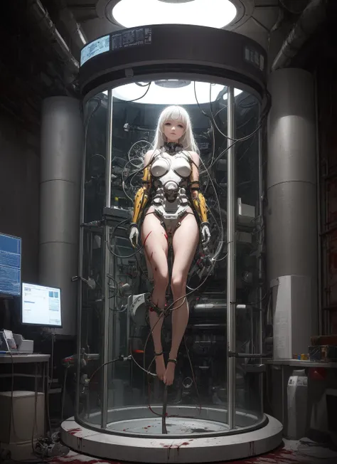 (((tmasterpiece))), (((Best quality))), ((ultra - detailed)), (Highly detailed CG illustration), ((Extremely Delicately Beautiful)),(Cute and delicate face),Movie Lighting,((1 mechanical girl)),alone,Full body lesbian,(Machine joint:1.4),((Mechanical limb blood vessels are connected to tubes Mechanical vertebrae are connected to the back)),((The mechanical cervical vertebrae are attached to the neck)),((sitted)),face expressionless,(wires and cables attached to head and body:1.5),(Character focus),scientific fiction　(8K, masterpiece, best quality), super detail, beautiful fine eyes with beautiful details, exquisite and detailed face, high quality, high resolution, beautiful hairstyle, realistic eyes, beautiful detailed eyes, (realistic skin), facing the audience, robot girl in sexly costume, wearing revealing, spilled breasts, white transparent tights, mecha, mechanical room, single, expressionless, white men's short hair, mechanical prosthetics, mechanical legs, mechanical body, knee stiletto heels, lewd pose, one-word horse, sexly, Unreal 5, Full-Shot Angle