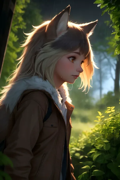 (dynamic angle:1.1), (cute face:1.2), dark sky, (nighttime:1.2), (rainy weather:1.2), detailed skin texture, furry, looking to the side, volumetric light, masterpiece, best quality, intricate details, subsurface scattering, young girl standing next a wolf, in the forrest