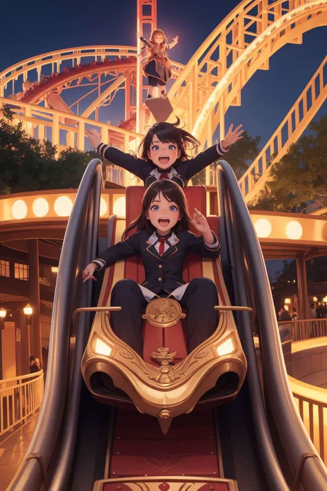 1girl, full body, beautiful, Rollercoaster riding at a theme park, she throws her hands in the air, shrieking with a mixture of excitement and exhilaration, OverallDetail