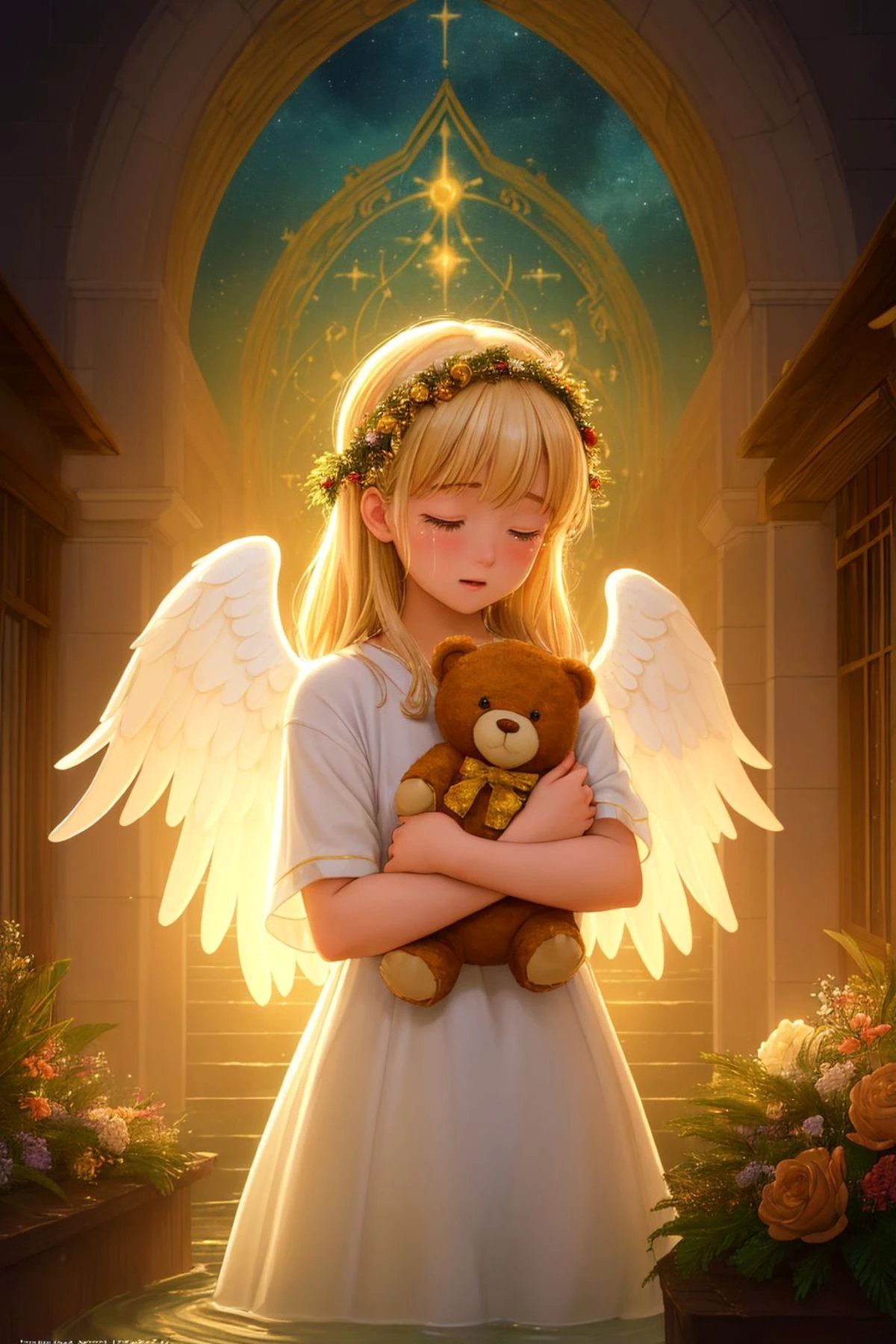 (High Quality:1.4), (Best Quality:1.4), (masterpiece:1.4), official art, official wallpaper, 4k textures, Surreal embodiment of true Christmas spirit evoked!
girl clutching teddy bear hugs shivering homeless boy tightly providing comfort against biting wind swirling ominously through alleyway littered carelessly with last night's garbage, angelic choirs sing sweet melodies accompanying heavenly glow bathing tender scene in celestial luminosity, benevolence personified manifest tangibly bridging gap between haves/have nots, selfless acts performed selflessly ignoring societal constraints dictating who receives blessings when instead focusing solely on genuine compassion felt deeply resonating universally, tears roll down cheeks touched deeply witnessing miracle taking place right before watchful eyes affirming faith restored once more,
(detailed:1.05), (extremely detailed:1.06), sharp focus, (intricate:1.03), (extremely intricate:1.04), low contrast, soft cinematic light, soothing tones, HDR, (Epic scenery:1.09), (beautiful scenery:1.08), (detailed scenery:1.08), (intricate scenery:1.07), (wonderful scenery:1.05)