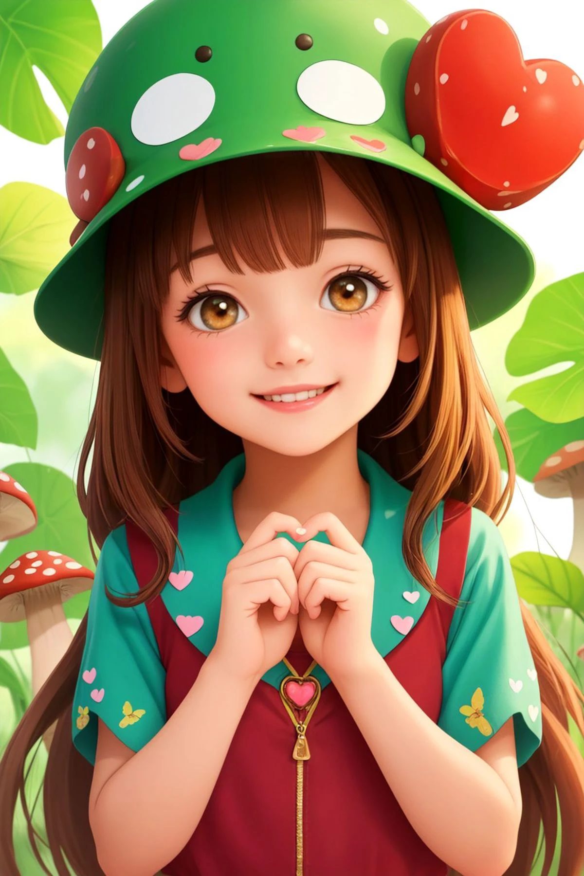 (best quality), (masterpiece), a girl, smiling face, mushroom like hat on head, highly detailed butterfly, looking at viewer, heart shaped hand, hearts floating around