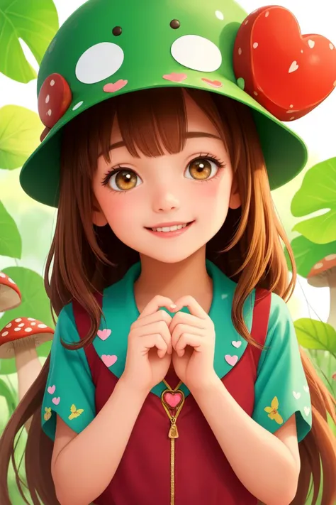 (best quality), (masterpiece), a little cute 10 yo girl, smiling face, mushroom like hat on head, highly detailed butterfly, looking at viewer, heart shaped hand, hearts floating around