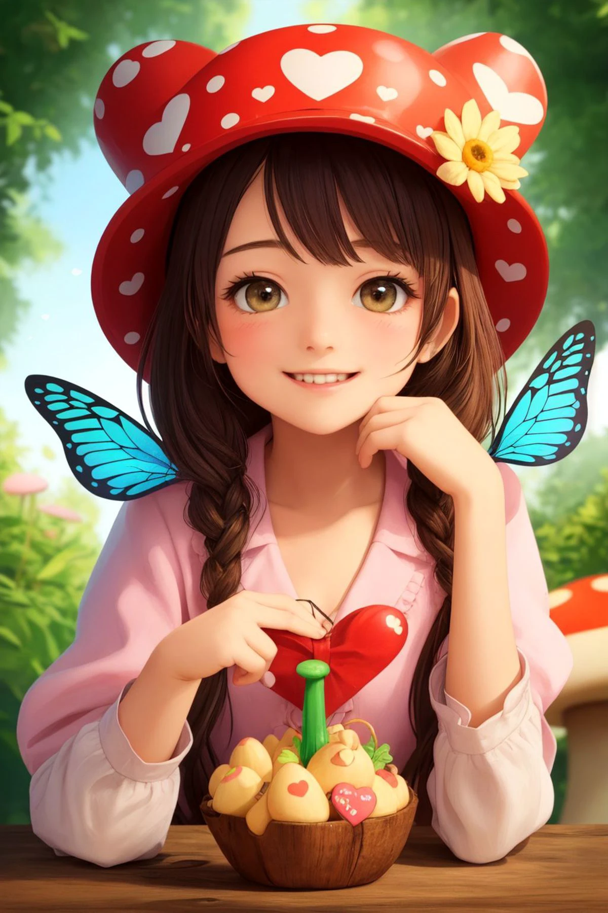 (best quality), (masterpiece), a girl, smiling face, mushroom like hat on head, highly detailed butterfly, looking at viewer, heart shaped hand, hearts floating around