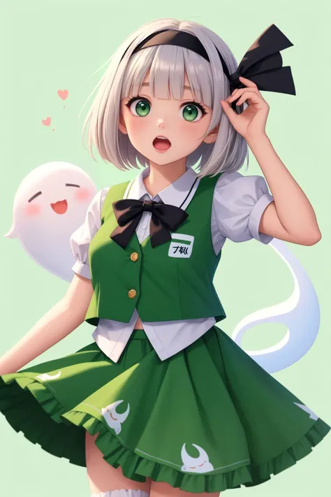 1girl, o, absurdres, bangs, black bow, black hairband, black ribbon, blunt bangs, blush, bow, commentary request, cowboy shot, frilled shirt collar, frills, green eyes, green skirt, green vest, grey background, hair ribbon, hairband, highres, hitodama, hitodama print, konpaku youmu, konpaku youmu ghost, looking at viewer, open mouth, puffy short sleeves, puffy sleeves, ribbon, sazanami mio, shirt, short hair, short sleeves