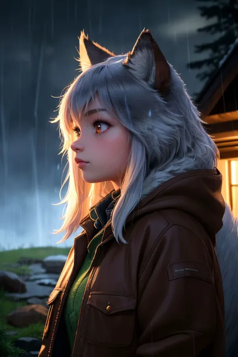 (dynamic angle:1.1), (cute face:1.2), dark sky, (nighttime:1.2), (rainy weather:1.2), detailed skin texture, furry, looking to the side, volumetric light, masterpiece, best quality, intricate details, subsurface scattering, young girl standing next a wolf, in the forrest