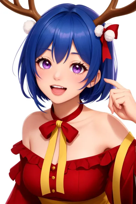 1girl, beautiful, seductive, sexy, bangs, blue hair, blush, commentary request, dress, drill hair, hair ribbon, highres, hyakumantenbara salome, long sleeves, looking at viewer, nijisanji, off-shoulder dress, off shoulder, open mouth, purple eyes, red dress, reindeer antlers, ribbon, short hair, smile, solo, teeth, upper body, virtual youtuber, white background, wide sleeves, yuuki setsuna love live, yellow ribbon, zzzzhi lv