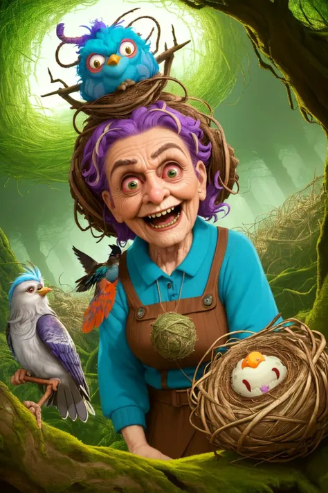 3d render of a funny old lady, crazy looking, grumpy eyes, beast smile, (bird s nest on head, inside cuckoo:1.25), retro wearing, fantasy landscape, forest, immensely emotional by (john Wilhelm, low Dutch angle:1.36), natural lighting, cinematic film still, OverallDetail