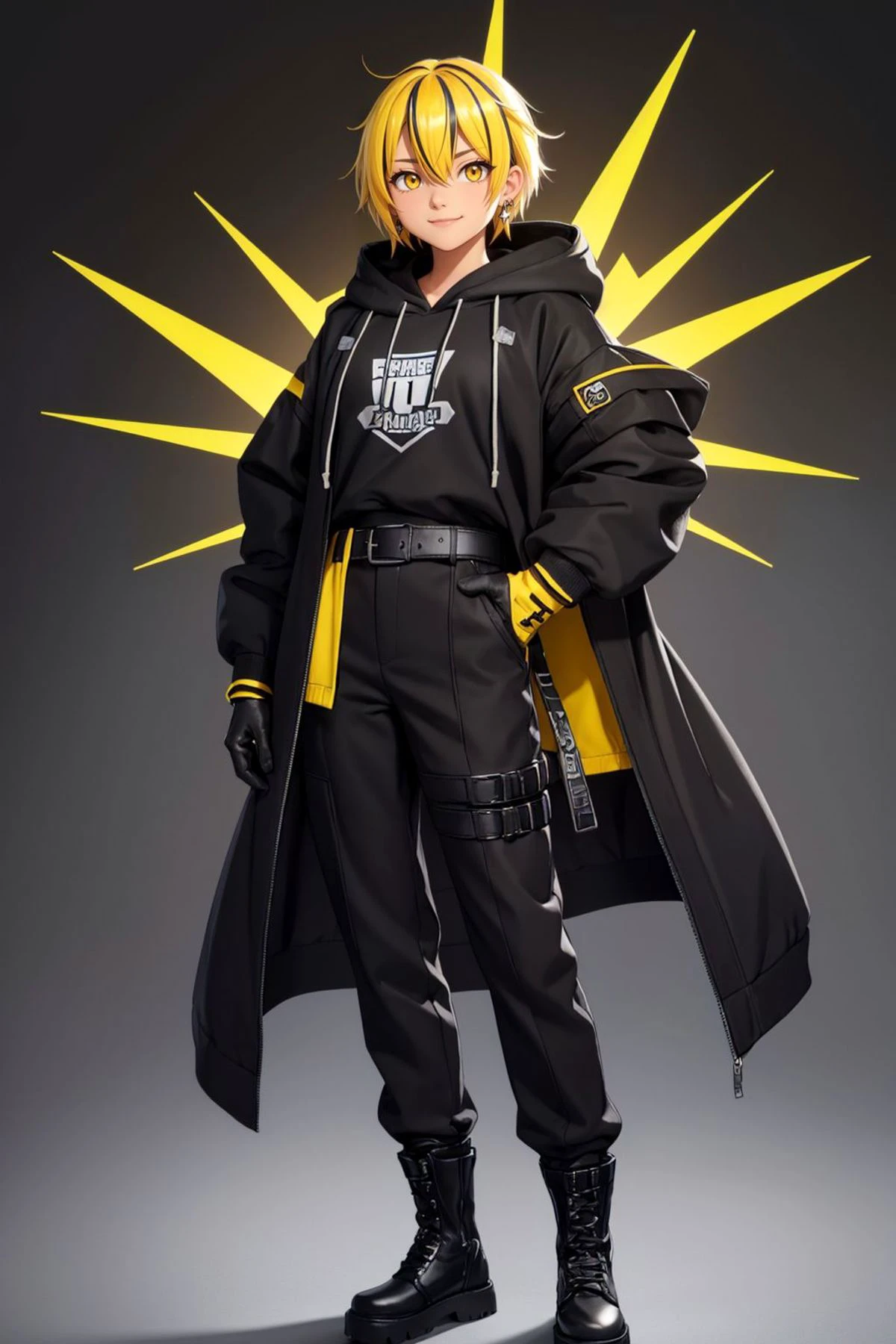 1girl, full body, sexy, , beautiful, cute, virtual youtuber, 1boy, solo, male focus, multicolored hair, black hair, blonde hair, jewelry, yellow eyes, gloves, full body, earrings, hood, black pants, straight-on, pants, black gloves, white background, looking at viewer, seigaiha, black footwear, belt, hair between eyes, single earring, simple background, drawstring, hoodie, standing, boots, grey hoodie, black belt, closed mouth, short hair, streaked hair, jacket, bangs, smile, long sleeves, hood down, thigh strap, OverallDetail