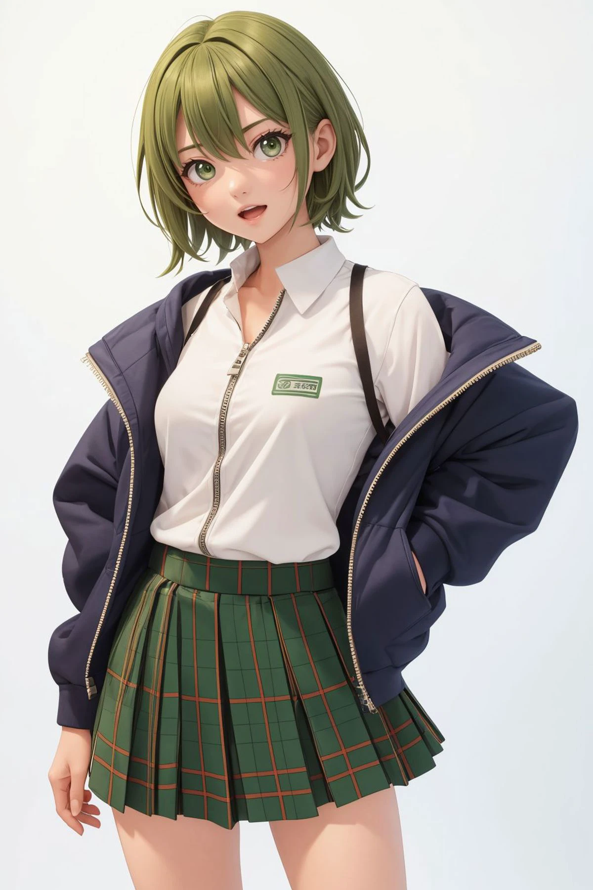 1girl, full body, sexy, , beautiful, cute, green eyes, green hair, highres, kazami yuuka, long skirt, looking at viewer, open mouth, original, plaid, plaid skirt, shirt, short hair, simple background, skirt, solo, standing, white background, yellow shirt, zettai ryouiki, zipper pull tab, zipper pull tab, zumiya kasumi, zouri youki zipper pull tab