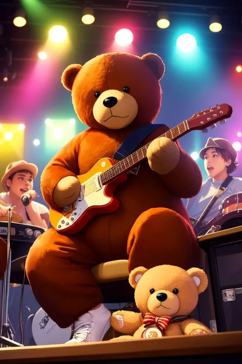 (Masterpiece, best quality:1.2), Animal-personified bear, 1 teddybear, playing guitar in a club