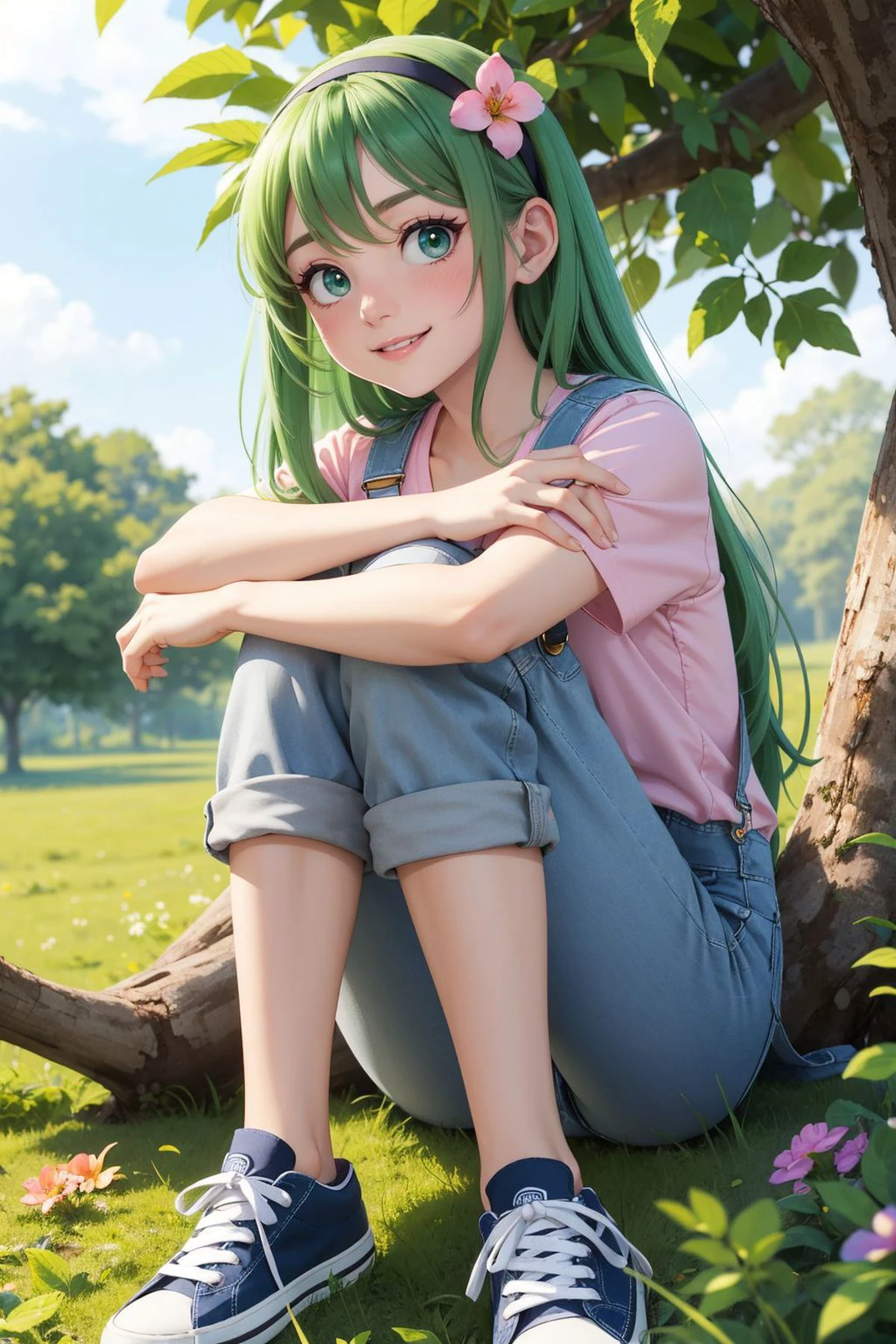 mallow, hairband, hair flower, long green hair, green eyes, pink shirt, grey shorts, grey overalls,green sneakers, looking at viewer, smiling, happy, blush, sitting, on grass, hugging own knees, outside, under tree, jungle, blue sky, extreme detail, masterpiece