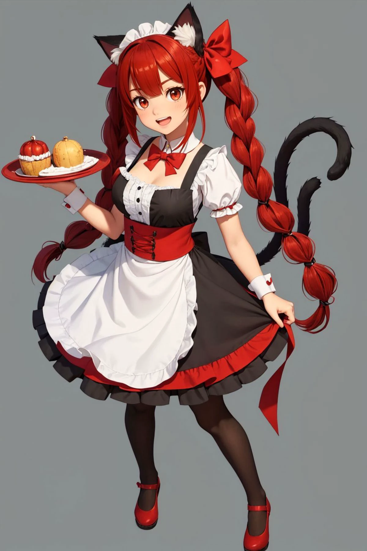 1girl, full body, sexy, , beautiful, cute, 1girl, multiple tails, tail, solo, animal ears, two tails, cat ears, braid, twin braids, cat tail, maid, nekomata, kaenbyou rin, bell, red hair, red eyes, dress, alternate costume, maid headdress, full body, apron, simple background, hitodama, enmaided, hair bell, tray, pantyhose, wrist cuffs, red footwear, long hair, green dress, holding, looking at viewer, skull, grey background, jingle bell, hair ornament, open mouth, black dress, twintails, holding tray, smile, black pantyhose, short sleeves, puffy sleeves, bangs, bow, hair ribbon, ribbon, maid apron, black bow, breasts, standing, OverallDetail