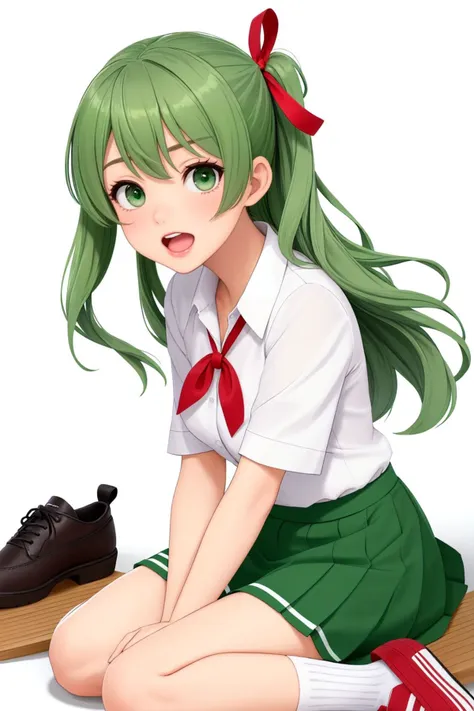 1girl, beautiful, cute, green eyes, green skirt, grey hair, hair ribbon, highres, kantai collection, long hair, looking at viewer, makigumo kancolle, mitsukoshi department store, one-hour drawing challenge, open mouth, ribbon, shirt, shoes, simple background, sitting, skirt, sneakers, socks, solo, tress ribbon, white background, white shirt, white socks, yellow ribbon