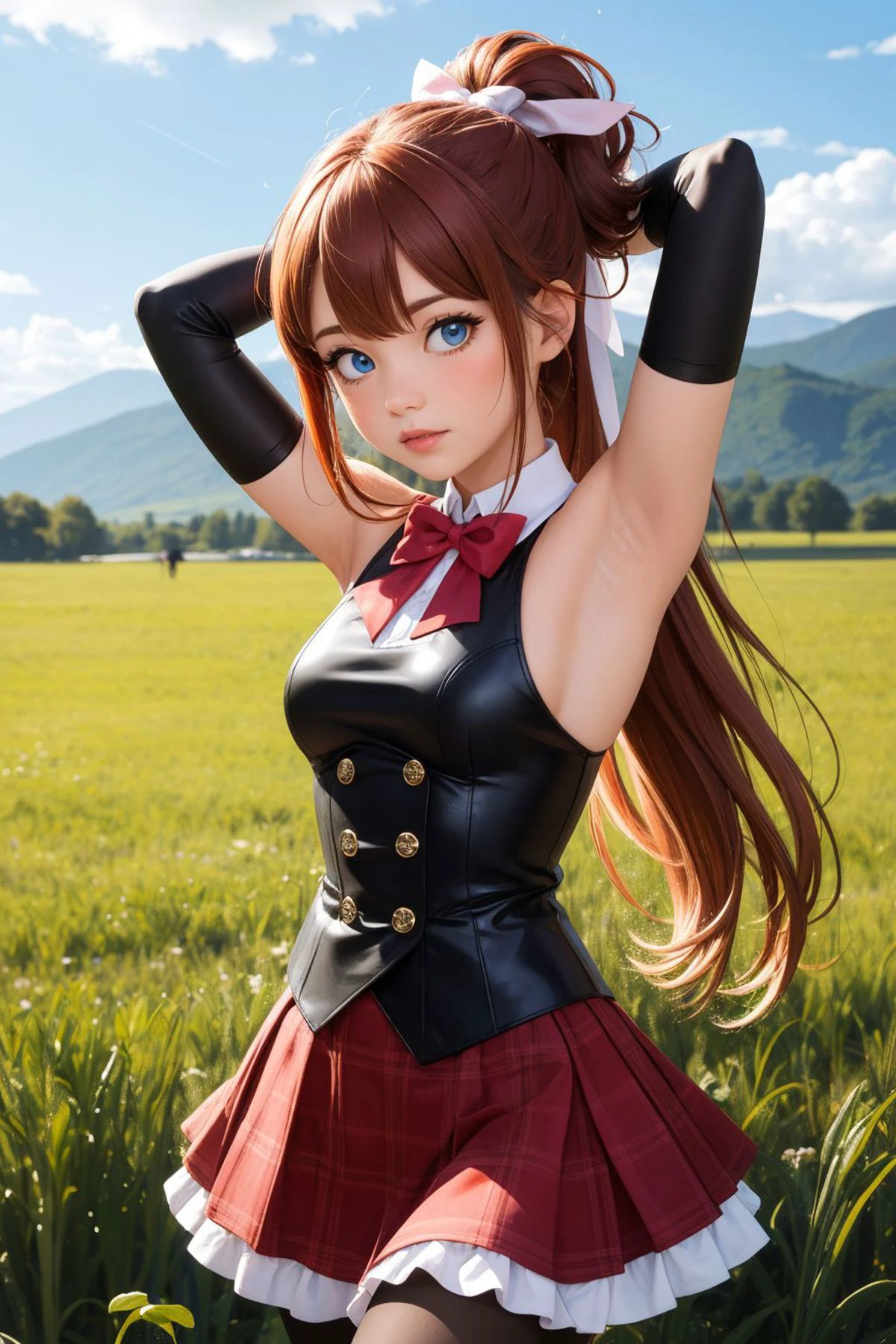 masterpiece, best quality, outdoors, grass, field, 1girl, solo, looking at viewer, cowboy shot, long hair, ponytail, bow, ribbon, blue eyes, orange hair, hair ribbon, very long hair, brown hair, gloves, elbow gloves, skirt, magical girl, black gloves, pantyhose, bowtie, arms up, presenting armpits, armpits