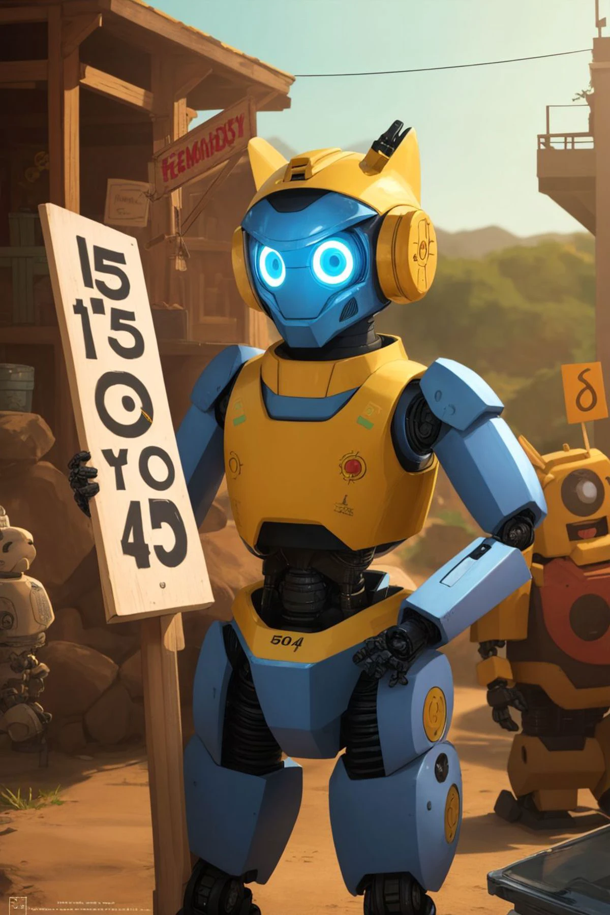 cute anthropomorphic robot holding sign saying'1 5 0 ', hdr, 4 k, much wow, much detail, epic, gorgeous, cute, cinematic, by jarlan perez and by jack viant and by alphonse mucha