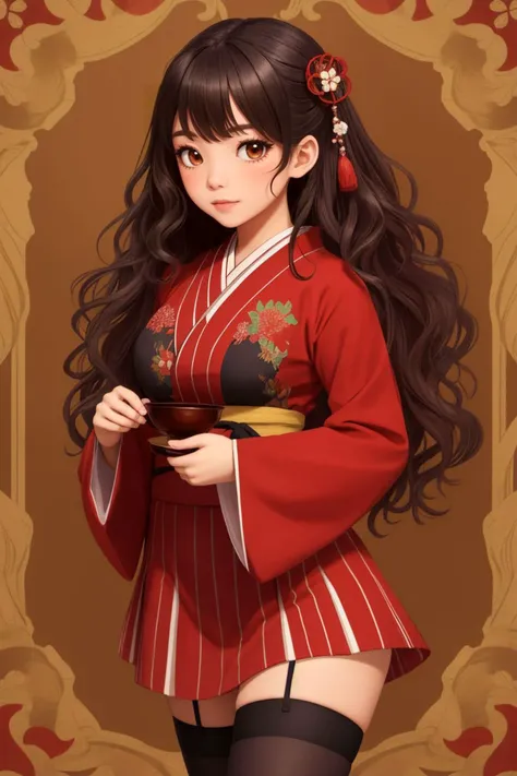 japanese, 1girl, wavy hair, red dress, long sleeves, striped thighhighs, OverallDetail