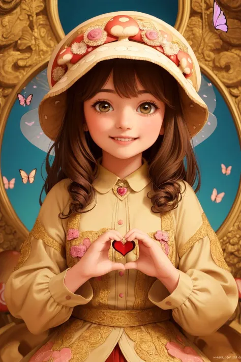 (best quality), (masterpiece), a little cute 10 yo girl, smiling face, mushroom like hat on head, highly detailed butterfly, looking at viewer, heart shaped hand, hearts floating around, OverallDetail