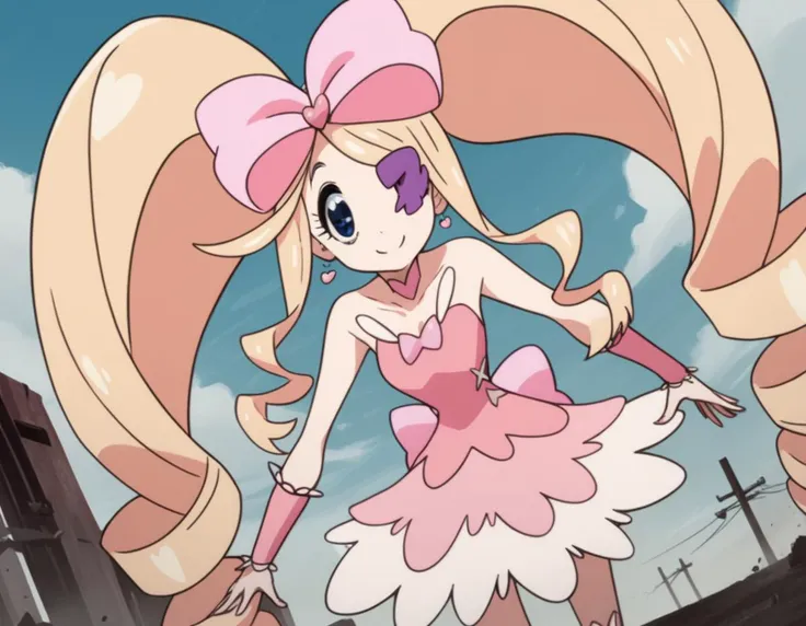 score_9, score_8_up, score_7_up, source_anime,
nuiharime, <lora:nui-harime-s1-ponyxl-lora-nochekaiser:1>,
nui harime, big hair, blonde hair, blue eyes, drill hair, eyepatch, hair bow, long hair, pink bow, twin drills, twintails,
boots, bow, dress, eyepatch, hair bow, pink footwear, strapless, strapless dress,
outdoors, wasteland, bent over, smile,
solo, dutch angle, looking at viewer, cowboy shot,