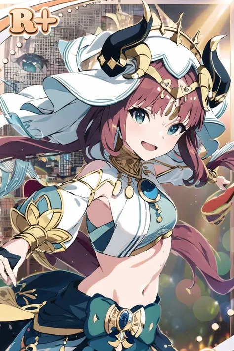 masterpiece, best quality, looking at viewer,
1girl, :d,
dutch angle
dynamic pose,
dancing, moving rapidly,
beautiful, elegant,
<lora:nilouGenshinImpact_v10:1.1:MIDD> nilou (neither flower nor mist) (genshin impact), aqua eyes, fake horns, red hair, long hair, crop top, jewelry, horns, veil, bracer, brooch, long sleeves, puffy long sleeves, skirt, bangs, twintails, puffy sleeves, neck ring, gold trim, parted bangs, circlet, blue skirt, hair ornament, detached sleeves, low twintails, floating hair, gem, blue gemstone, dancer, white headwear, midriff, very long hair,
nature, beautiful flowers, butterflies, water, watersplashes, nature, lens flare,
<lora:add_detail:0.2> <lora:wakeupgirls:1> <lora:animeStyleLoraWith_bfcsimplifierTest:0.2>
