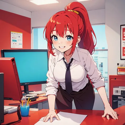 ((masterpiece)), (best quality), beautiful young girl, (blush), (solo), red hair, ponytail, smile, medium breasts, office, white background, showing teeth, Red tie, (white jacket), (golden band), blue eyes, <lora:anmnr01:0.25> <lora:Loraeyes_V1:-0.25> <lora:add_detail:-1>