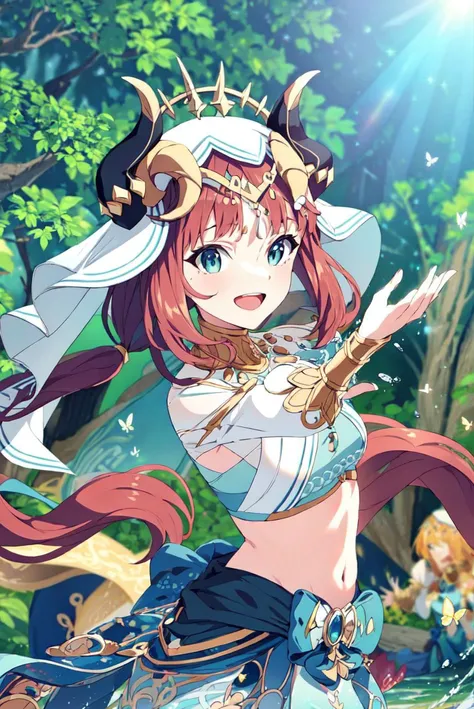 masterpiece, best quality, looking at viewer,
1girl, :d,
dutch angle
dynamic pose,
dancing, moving rapidly,
beautiful, elegant,
<lora:nilouGenshinImpact_v10:1.1:MIDD> nilou (neither flower nor mist) (genshin impact), aqua eyes, fake horns, red hair, long hair, crop top, jewelry, horns, veil, bracer, brooch, long sleeves, puffy long sleeves, skirt, bangs, twintails, puffy sleeves, neck ring, gold trim, parted bangs, circlet, blue skirt, hair ornament, detached sleeves, low twintails, floating hair, gem, blue gemstone, dancer, white headwear, midriff, very long hair,
nature, beautiful flowers, butterflies, water, watersplashes, nature, lens flare,
<lora:add_detail:0.2> <lora:wakeupgirls:1> <lora:animeStyleLoraWith_bfcsimplifierTest:0.2>
