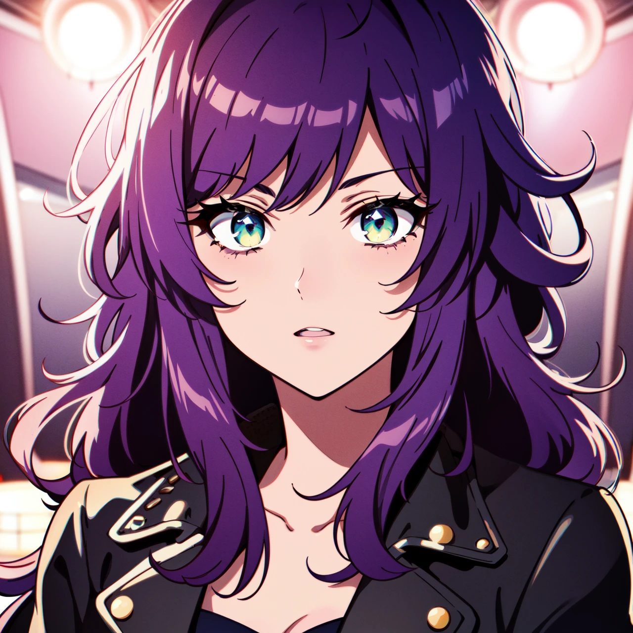 by Alice Pasquini and alena aenami, punk girl, purple hair, wild hair, leather jacket, concert lights <lora:AnimeStyleLora_v10ForCorneos7th:0.5>, (Highest Quality, Amazing Details:1.4), Masterpiece, Sharp Focus