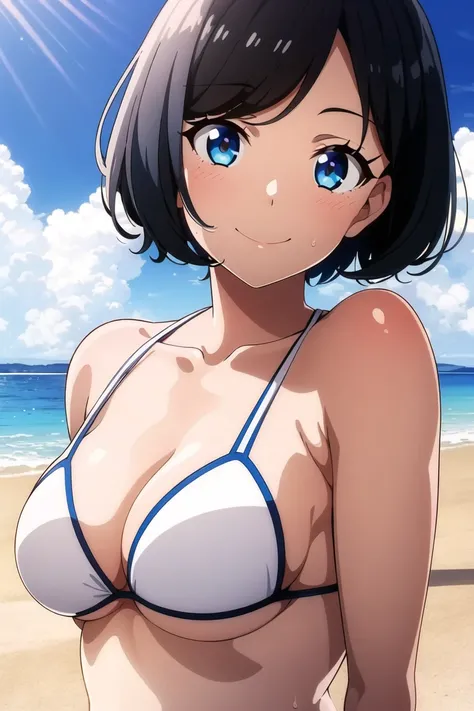 1girl,white bikini,(medium breasts:1.1),black hair,looking at viewer,standing,(swept bangs:1.3),(very short hair,tomboy:1.1),black hair,smile,arms at sides,upper body,black hair,beach,sweat,blue sky <lora:anmnr01AOM3A1:0.72>