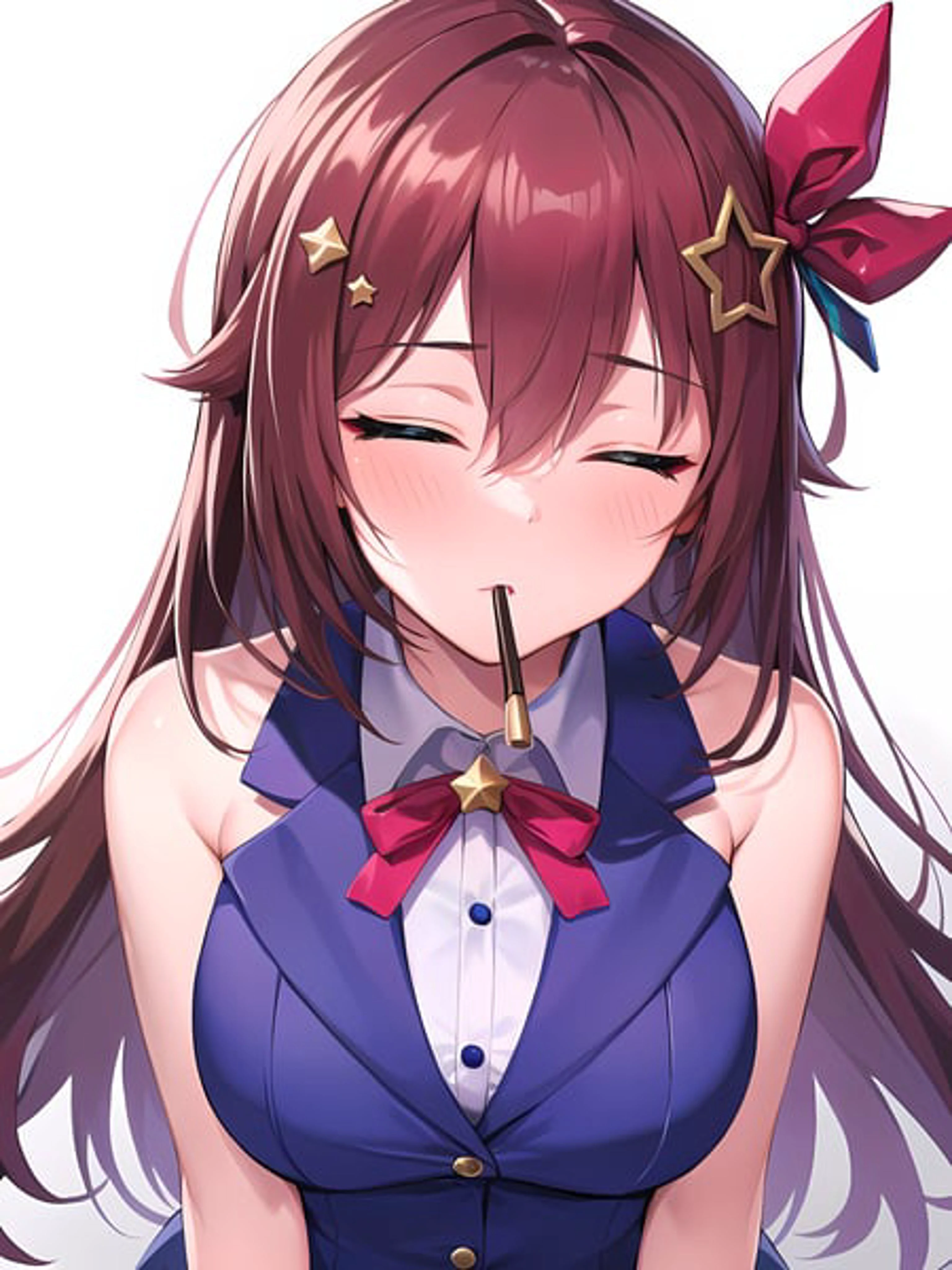 (masterpiece:1.3), (absurdres:1.3), (best quality:1.3), (ultra-detailed:1.3),(best shadow:0.7), (handled hair), (sharp eyeliner, eyeshadow, detailed eyes:1.1), perfect anatomy, BREAK 1girl, solo, <lora:tokinoSoraHololive_v1:0.4>, tokino sora, brown hair, hair between eyes, long hair, star \(symbol\), star hair ornament, red hair ribbon, <lora:pockyKissDirectConcept_v10:0.8>, close-up, closed eyes, blush, upper body, leaning forward, BREAK bedroom, dramatic