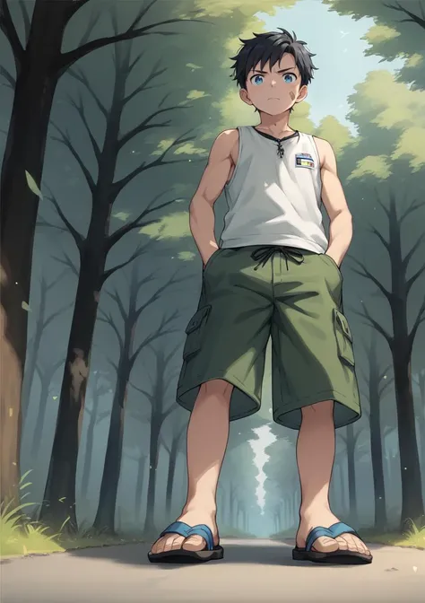 1boy, short hair, black hair, blue eyes, hands in pockets, serious, looking at viewer, green short pants, sandals, bandaid, sleeveless, from below, outdoors, forest <lora:Kanzaki Hiro_XL_PONY (eromanga):1>, score_9, score_8_up, score_7_up, score_6_up, score_5_up, score_4_up, BREAK source_anime, masterpiece