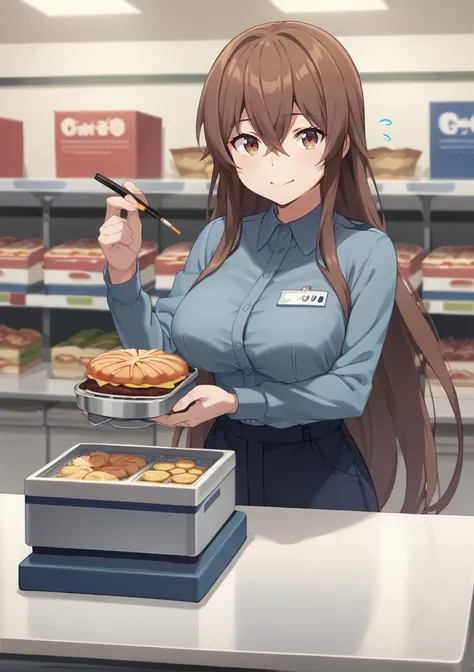 1girl, blue shirt, breasts, brown hair, cashier, closed mouth, convenience store, counter, crossed bangs, flying sweatdrops, food, hair between eyes, holding, holding food, holding pocky, holding scanner, indoors, large breasts, long hair, looking at viewer, name tag, pocky, shirt, shop, smile, solo, uniform, very long hair <lora:Kanzaki Hiro_XL_PONY (eromanga):1> anime screencap, score_9, score_8_up, score_7_up, score_6_up, score_5_up, score_4_up, BREAK source_anime, masterpiece