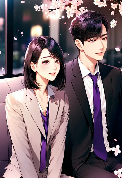 Concept art, love themes, illustrations, 1girl, 1boy, black hair, necktie, looking at another, formal, suit, shirt, jacket, sitting, white shirt, cherry blossoms, smile, medium hair, hetero, pants, petals, brown eyes, short hair, purple necktie, black pants, blurry<lora:dibian2:0.8>,
