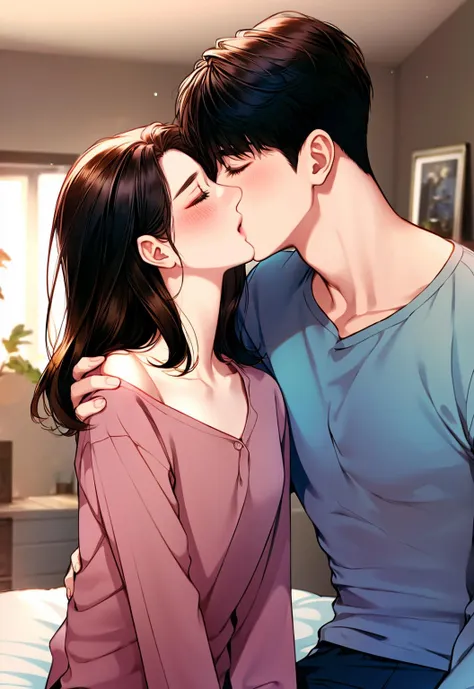 Concept art, love themes, illustrations, 1boy, 1girl, kiss, hetero, brown hair, closed eyes, topless male, blush, black hair, pajamas, blue pants, long hair, sitting, collarbone, pants, couple, indoors, medium hair, blurry, shirt, hand on another's shoulder, long sleeves, hand on another's chest, short hair<lora:dibian2:0.8>,