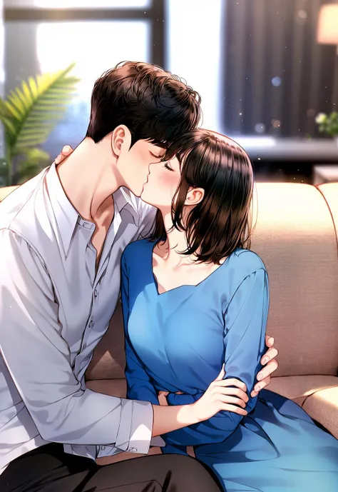 Concept art, love themes, illustrations, 1girl, 1boy, kiss, hetero, closed eyes, brown hair, shirt, dress, blue dress, couch, white shirt, pants, blush, blurry, black hair, couple, long sleeves, medium hair, blurry background, breasts, black pants, short hair, hug, collarbone, indoors, dress shirt<lora:dibian2:0.8>,