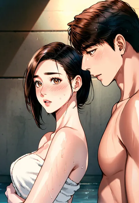 Concept art, love themes, illustrations, 1girl, 1boy, hetero, brown hair, blush, wet, black hair, naked towel, towel, breasts, couple, brown eyes, mixed bathing, upper body, short hair, looking down, parted lips, bare shoulders, wet hair, hand up, profile, from side<lora:dibian2:0.8>,