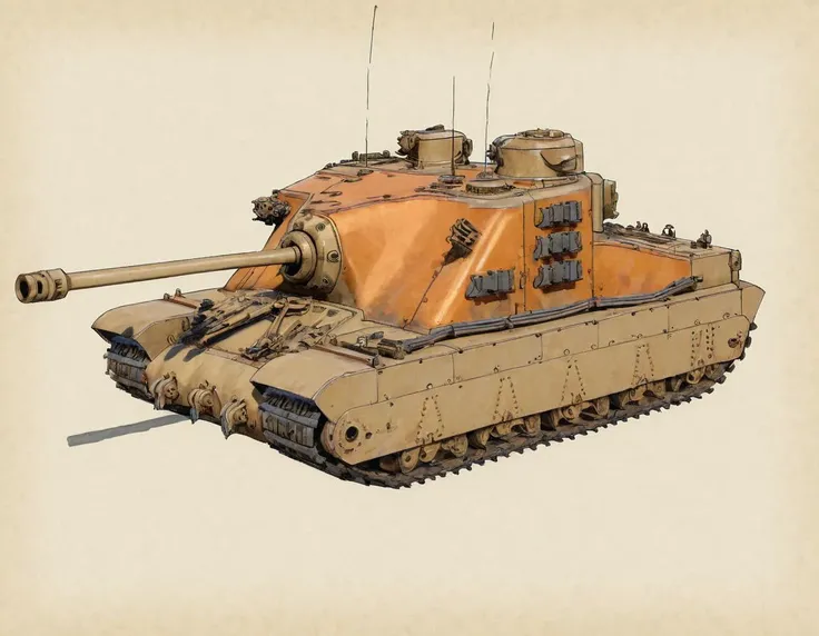 drawing of a a trtsetnk tank, <lora:Tortoise_Tank_SDXL:0.65>,(tan and orange camouflage paint scheme),short wide main gun,side view,simple background,field manual style,profile,small gun turrets on side