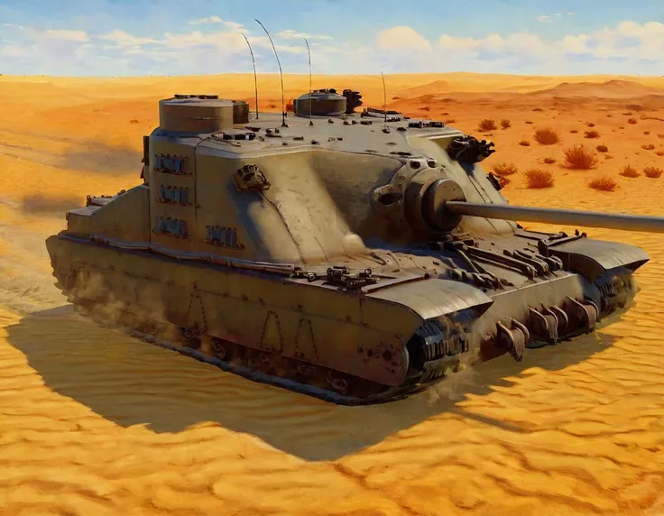 oil painting of a a trtsetnk tank, <lora:Tortoise_Tank_SDXL:1>,tan and orange camouflage,giant stubby main gun,side view,moving through arid field,at sunset,impressionism style