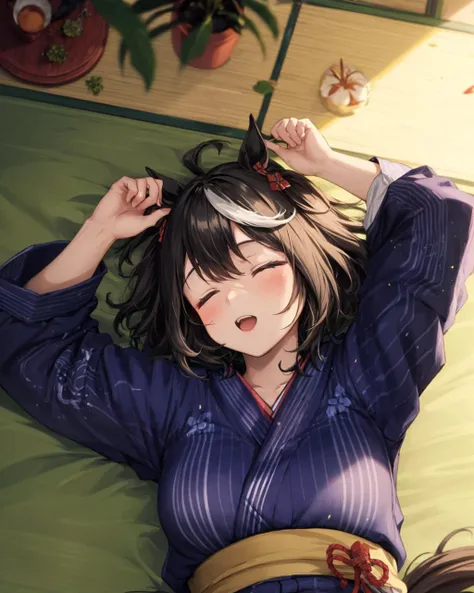 <lora:kitasan_black_loha-000009:0.8>, kitasan black \(umamusume\),
ryokan, yukata, closed eyes, open mouth, sleeping, lying, on back, relaxed, on tatami, happy,
BREAK,
kawaii, cute, teen, (:0.9), (14 years nocent, childlike, guileless,
lovely, charming, pretty, adorable,
BREAK,
(masterpiece, best quality:1.2),
BREAK,
<lora:add_detail:0.5>,