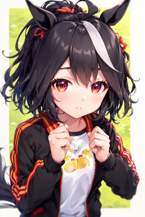 masterpiece, best quality,
kitasan black \(umamusume\),
from above, looking up, clenched hands, upper body,
aged down, ponytail, hair ribbon, hair ornament, long sleeves, white shirt, track jacket, black jacket, open clothes, open jacket, food print, yellow shorts, 
<lora:kitasan_black_loha:0.8>