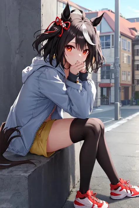 masterpiece, best quality,
kitasan black \(umamusume\),
street, buildings, hand on own chin, sitting, from side, 
casual, hair ribbon, hair ornament, white sleeves, hooded jacket, blue jacket, black shirt, yellow shorts, short shorts, black thighhighs, sneakers, shoes, red footwear, 
<lora:kitasan_black_loha:0.8>