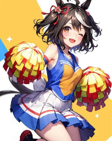 <lora:kitasan_black_loha-000009:0.8>, kitasan black \(umamusume\),
cheerleader, one eye closed, happy, cheerfully, lively, joy, jumping,
BREAK,
kawaii, cute, teen, (baby face:0.9), (14 years old:0.9),
innocent, childlike, guileless,
lovely, charming, pretty, adorable,
BREAK,
(masterpiece, best quality:1.2),
BREAK,
<lora:add_detail:0.5>,