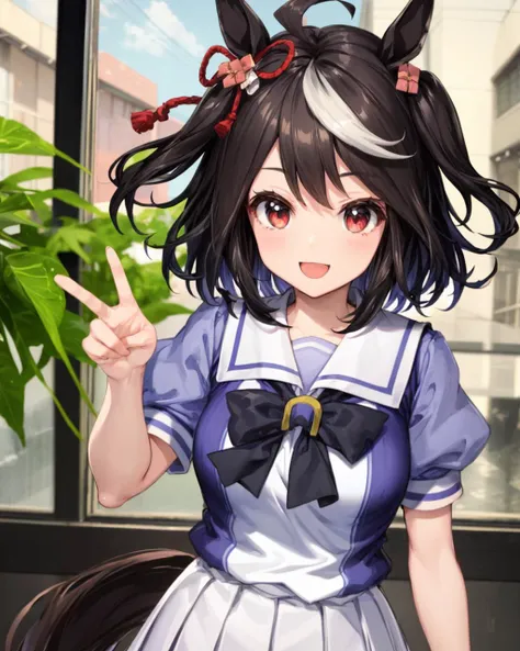 <lora:kitasan_black_loha-000009:1>, kitasan black \(umamusume\),
tracen school uniform, summer uniform, serafuku, puffy short sleeves, bowtie, horseshoe ornament, sailor collar, sailor shirt, frills, white skirt, purple shirt, miniskirt, zettai ryouiki, white thighhighs, brown footwear, shoes
BREAK,
happy, cheerful, joy, 
school, 
BREAK,
(masterpiece, best quality:1.2),
BREAK,
v, peace sign,
<lora:add_detail:0.5>,