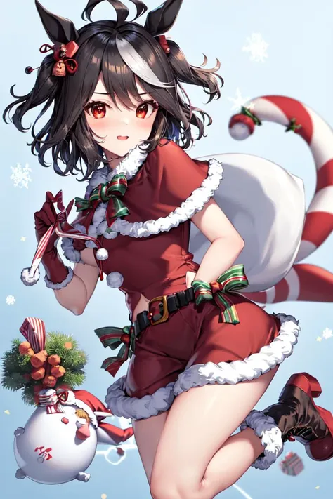 masterpiece, best quality,
kitasan black \(umamusume\),
santa costume, christmas, hair ornament, red headwear, crop top, red gloves, santa hat, belt, fur trim, red skirt, red capelet, fur-trimmed capelet, holding sack, fur-trimmed gloves, fur-trimmed boots, red footwear, 
<lora:kitasan_black_loha:0.8>