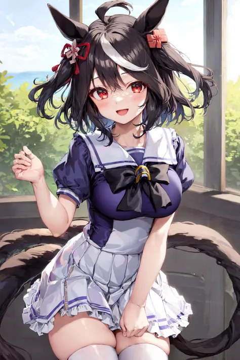 masterpiece, best quality,
kitasan black \(umamusume\),
hair ribbon, hair ornament, smile, open mouth,
tracen school uniform, summer uniform, serafuku, puffy short sleeves, purple bowtie, horseshoe ornament, sailor collar, sailor shirt, purple shirt, white skirt, frills, miniskirt, zettai ryouiki, white thighhighs, 
<lora:kitasan_black_loha:0.7>